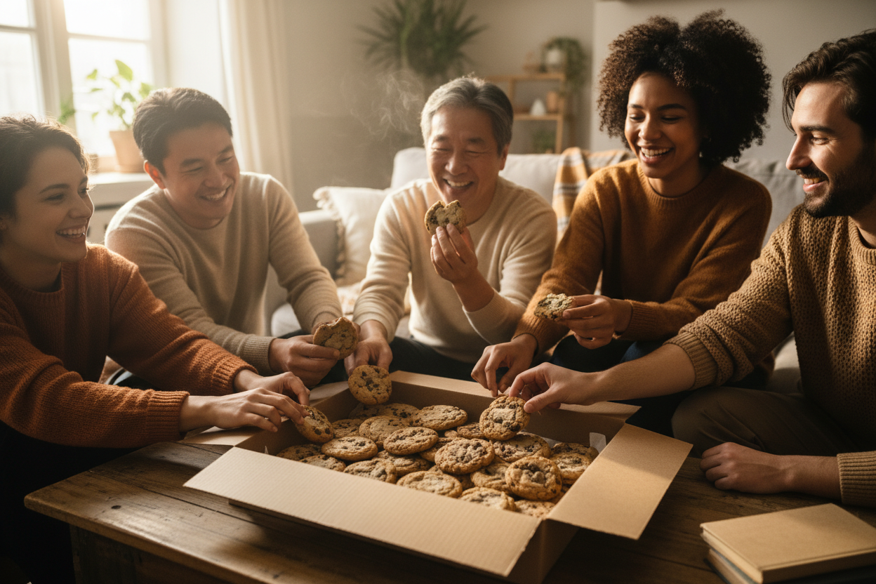 un groupe de personne qui partage une boite a cookies
